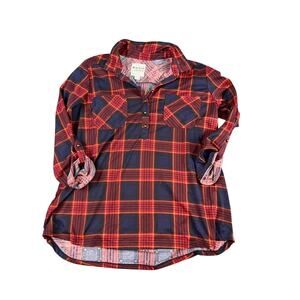 New York Laundry Women's Flannel Shirt Large Navy Red Plaid Pullover 1/4 Button